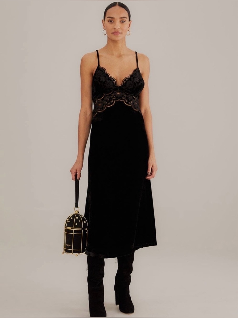 FARM Rio Richelieu Black Lace-Detail Velvet Midi Slip Dress Small